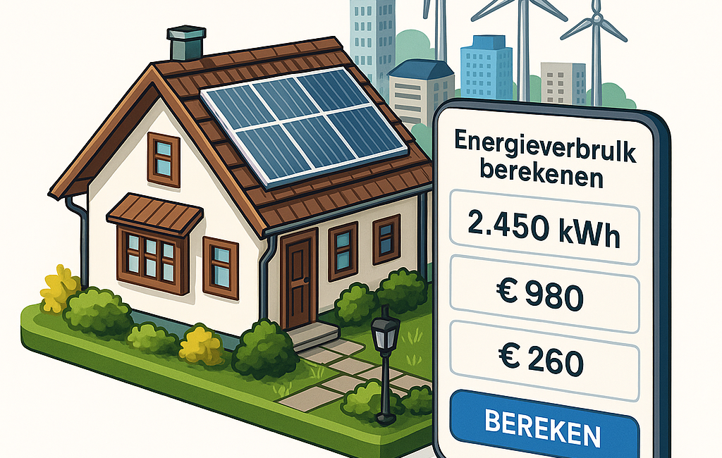 Afbeelding van een huis met zonnepanelen en een overzicht van de maandelijkse kosten.