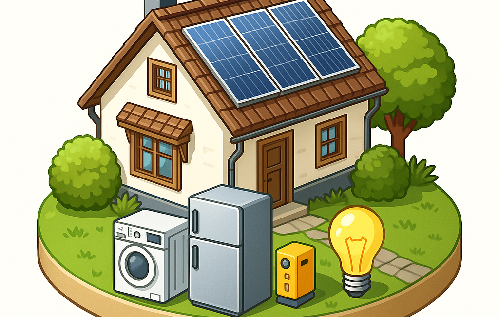 Afbeelding van een woning die zijn grote stroomverbruikers buiten de deur heeft gezet en heeft vervangen voor energiezuinige apparaten.