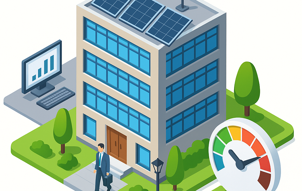 Afbeelding van een kantoorgebouw dat heeft uitgerekend hoeveel energie er bespaard kan worden.
