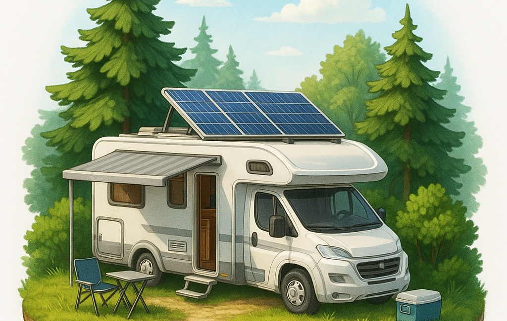 Afbeelding van een camper in de natuur met voldoende zonnepanelen op het dak om zelfvoorzienend te kunnen zijn.