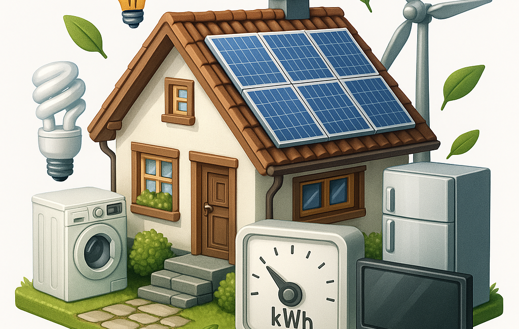 Afbeelding van een woning met zonnepanelen. In de tuin staan een wasmachine, een koelkast, een energiemeter, etc.