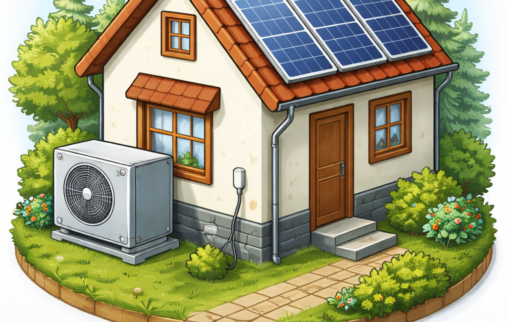 Afbeelding van een woning met zonnepanelen die als verwarming een warmtepomp gebruikt.