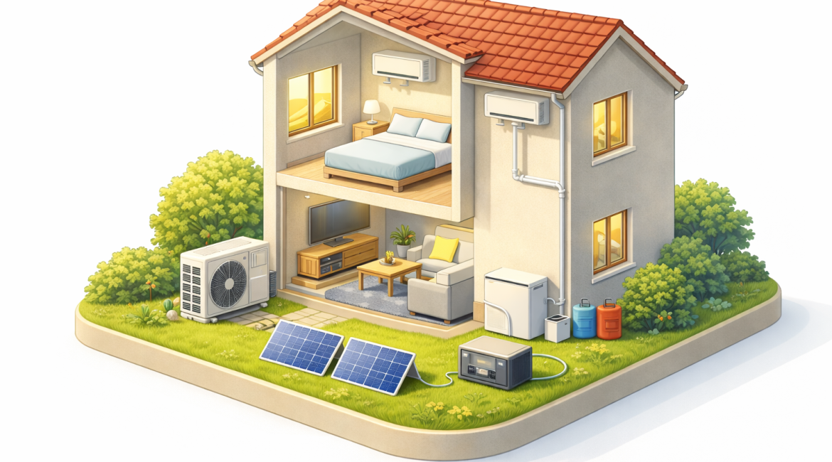 Afbeelding van een doorsnede van een woning waar diverse ruimtes door airco gekoeld of verwarmd worden.