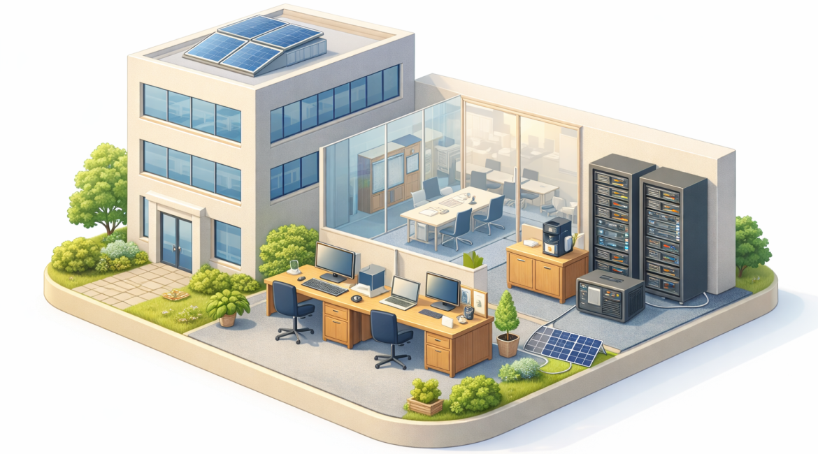 Afbeelding van een kantoorgebouw met kantoren waar allemaal apparaten stroom verbruiken.