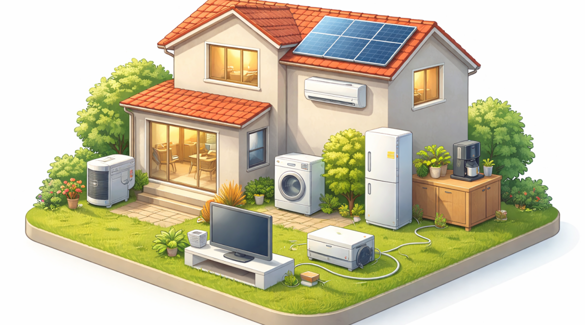 Afbeelding van een woning in de avondzon met allemaal apparaten die stroom verbruiken.