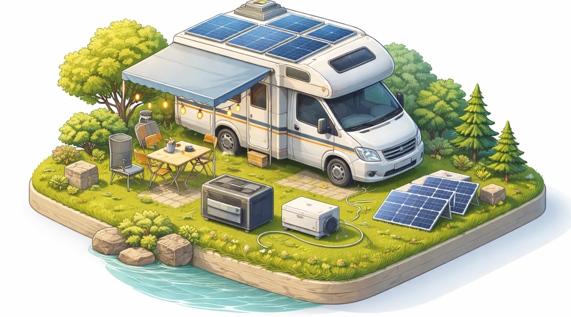 Afbeelding van een camper aan de waterkant, die gebruik maakt van zonnepanelen om de apparaten te voorzien van stroom.